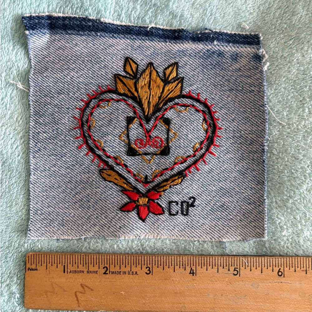 Hand Embroidered Denim Patch with Heart Design
